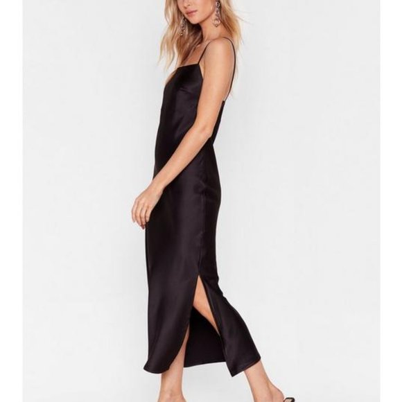 Satin Slit Midi Slip Dress Nasty Gal Black - Picture 3 of 6
